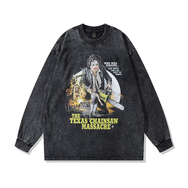 Autumn New American Vintage Hip-Hop Trendy Brand Cartoon Printing Casual Loose Couple Long-Sleeved T-Shirt Men And Women