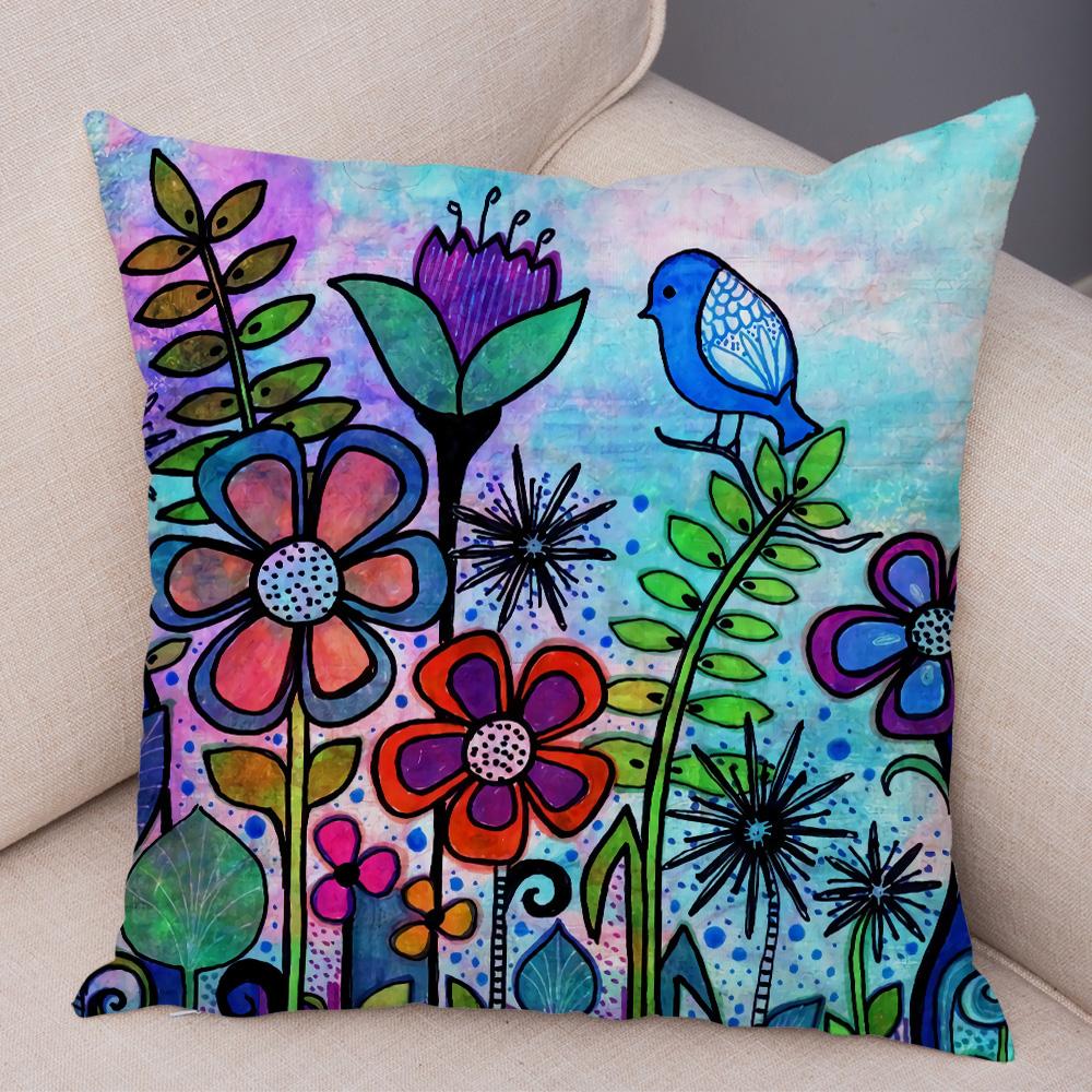 Children Oil Painting Art Cushion Cover Both Sides Plush Pillow Case Decor Cartoon Plant Throw Pillowcase for Sofa Home Car