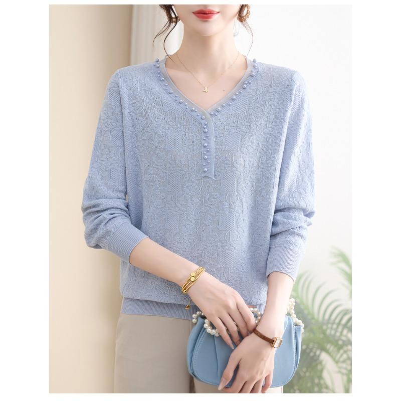 Spring Autumn V-neck Beading Bottomed Knitting Top Women Long Sleeve All-match Pullover Sweater