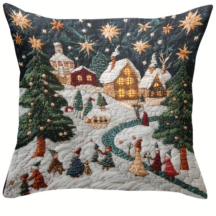 Christmas Snow Pillowcase: Embroidered Dream Cabin and Bright Starry Sky New Year Home Decoration 2d Flat Printing
