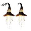 Halloween Witch Hat Hanging Lights 2 Pcs Light Up Black Mesh Chime Glowing Battery Operated Lamp with Cascading Stars for Window Patio Porch