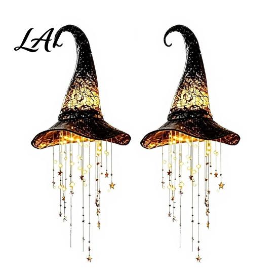 Halloween Witch Hat Hanging Lights 2 Pcs Light Up Black Mesh Chime Glowing Battery Operated Lamp with Cascading Stars for Window Patio Porch