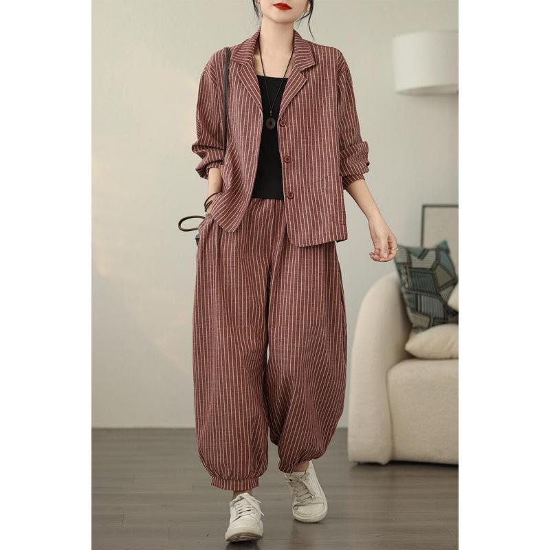 Retro Stripe Cotton Linen Suit Women's Autumn Temperament Casual Wide Leg Harem Pants Loose Oversized Set