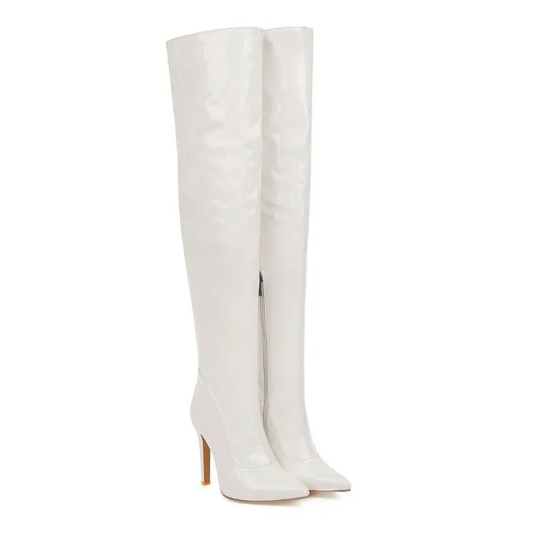 Women Boots Over The Knee Sexy Fashion Boot 10.5CM Stiletto New Patent Leather Side Zipper Pole Dance Nightclub White Women Shoe