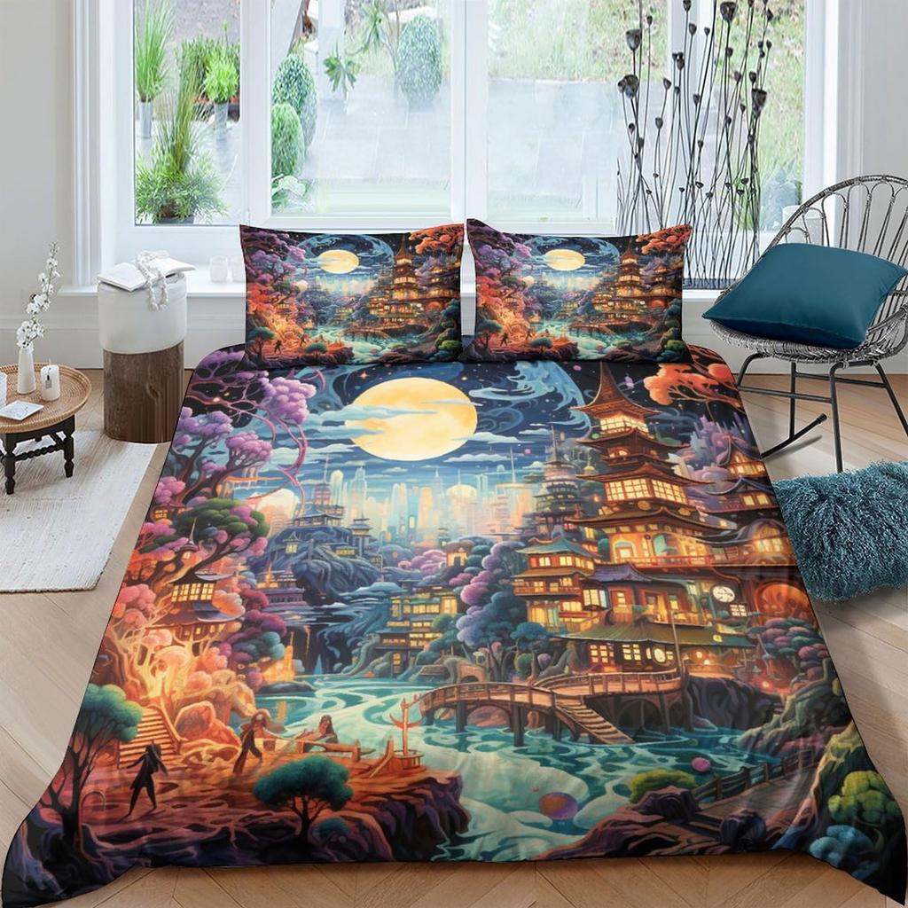 Ancient Chinese Architecture Duvet Cover for Teens Adults Quilt Covers Lightweight Down 2 Pillowcases 1 Duvet Cover No Comforter