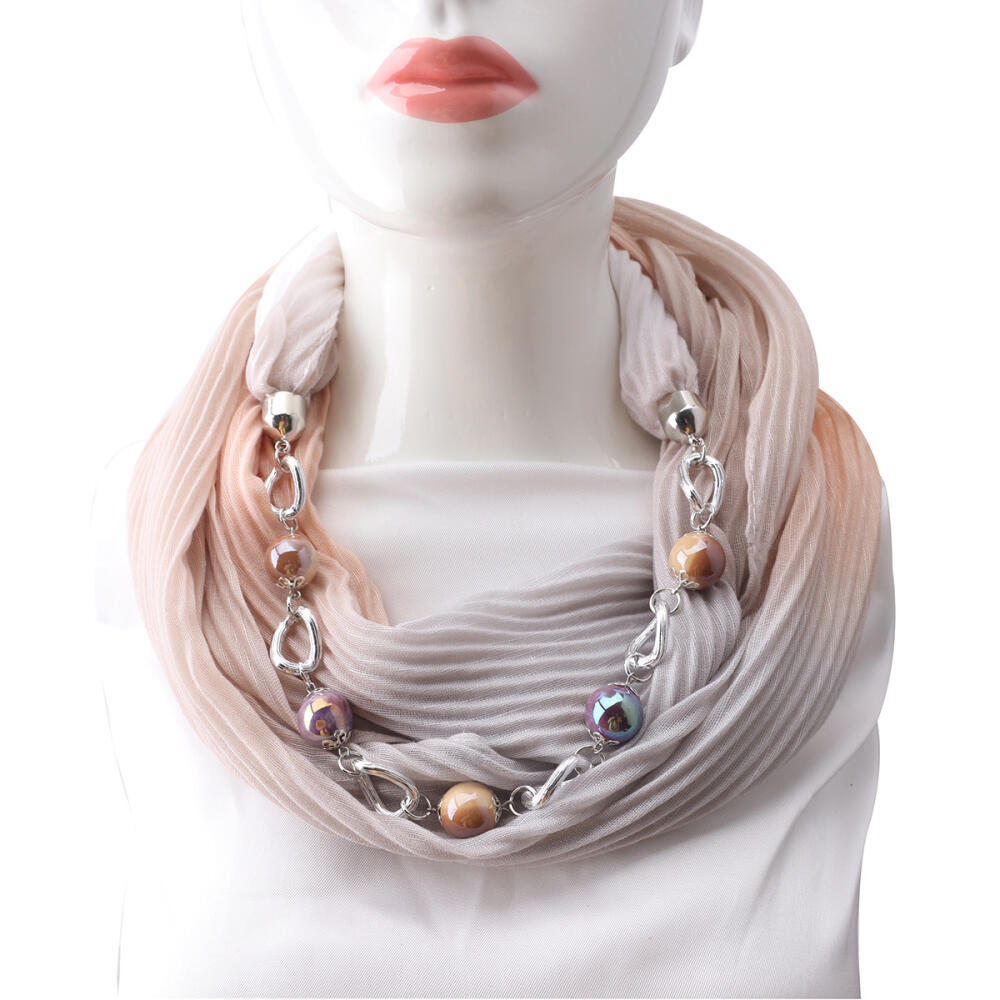 Stylish Cotton Linen Infinity Scarf with Beaded Chain Necklace – Women’s Gradient Color Scarf for Boho & Casual Fashion