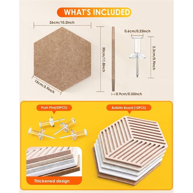 M-Modern-Sechskant-Korkplatten für Wände 10er-Pack Dekorative Kork-Pinwand-Fliesen mit 50 Pinnnadeln, Pinnwand für Büro & Zuhause