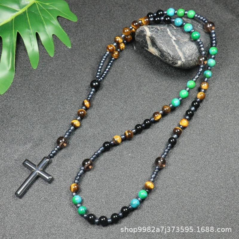Collana Rosario Occhio di Tigre Turchese – Ciondolo Croce Onice Nera, Regalo di Radicamento Protezione per Uomini