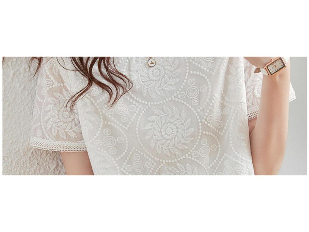 2024 Women's Summer Temperament Lace Embroidered Chiffon Top – Short-Sleeved, Loose Fit, Round Neck, White.