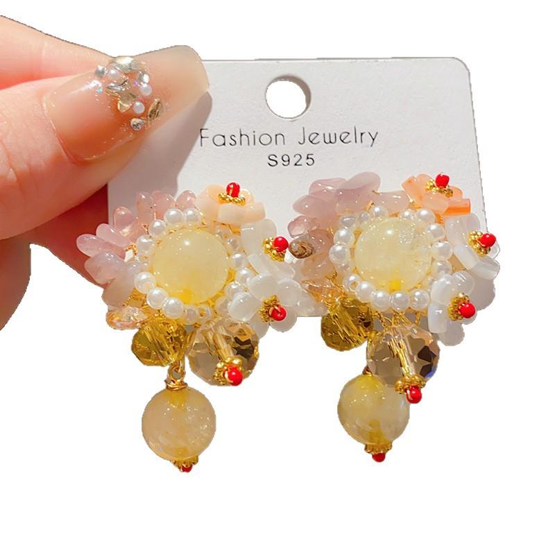 Retro Silver Needle Zircon Glass Water Drop Earrings Court Temperament Stud Earrings Personality Trend Versatile Earrings Women