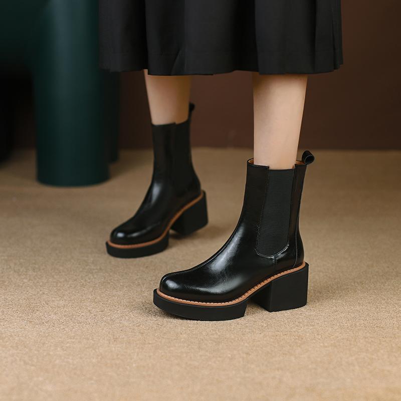 Qirui shoes Thick-soled Chelsea boots, leather inside and outside, simple and elegant