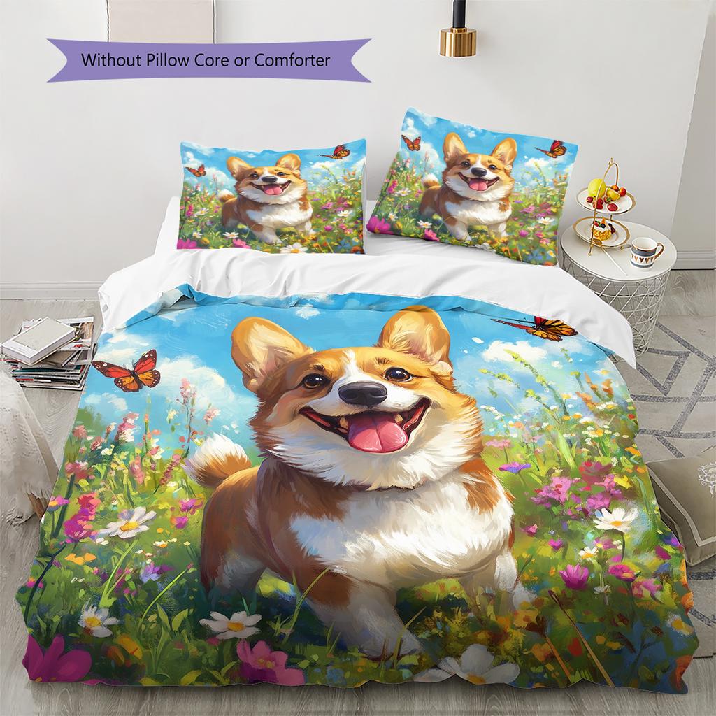 Corgi and Grassland Pattern Bedding Home Decoration Birthday Gift (1 * duvet cover + 2 * pillowcase, without core)