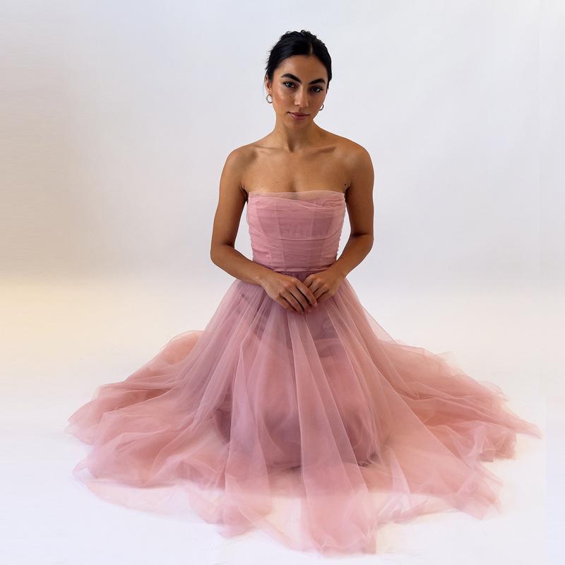 Nuovo Vestito Tubolare Senza Maniche in Rete con Stecche di Pesce Gonna a Vita A-Line da Donna Vestito per Festa di Compleanno Primaverile
