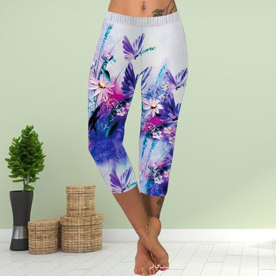 Calças Leggings Curtas de Verão Calças Skinny Cropped Plus Size Leggins Senhoras Slim 3D Amarelo Arco-íris Borboleta Estampa Calças