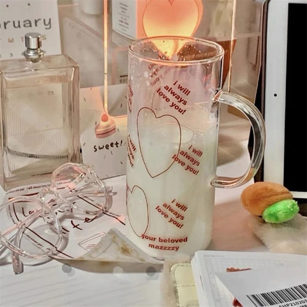 Glass Cup with Handle Korean Style Retro Red Love Letter Milk Cup