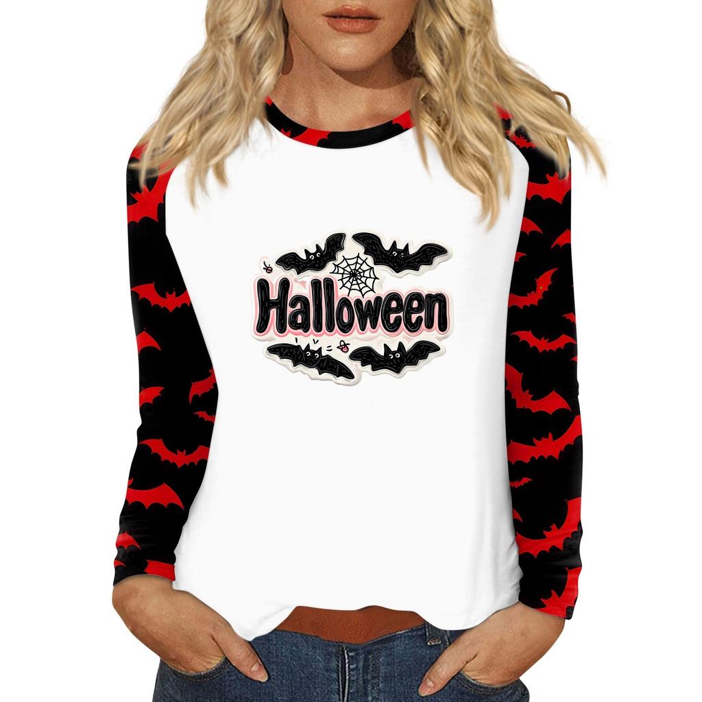 Women's T Shirt Halloween Print Long Sleeve Daily Fashion Basic Round Neck Raglan Sleeve Top