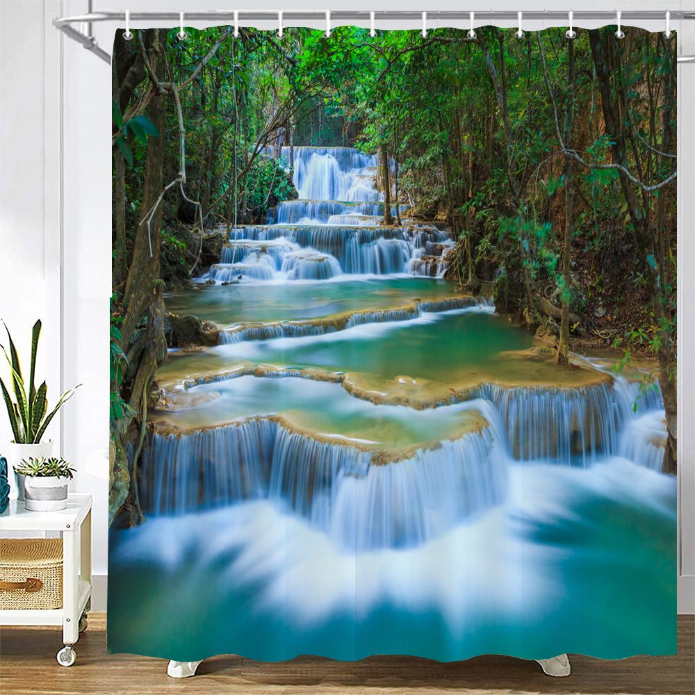 3D Printing Green Forest Waterfall Shower Curtains Waterproof Bathroom Curtain With Hooks Bath Curtain 180*200 Polyester Fabric