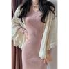 Premium Temperament Imperial Sister Style Cheongsam Pink Knitted Bottom Hip-wrapped Dress Women's Autumn and Winter with Coat