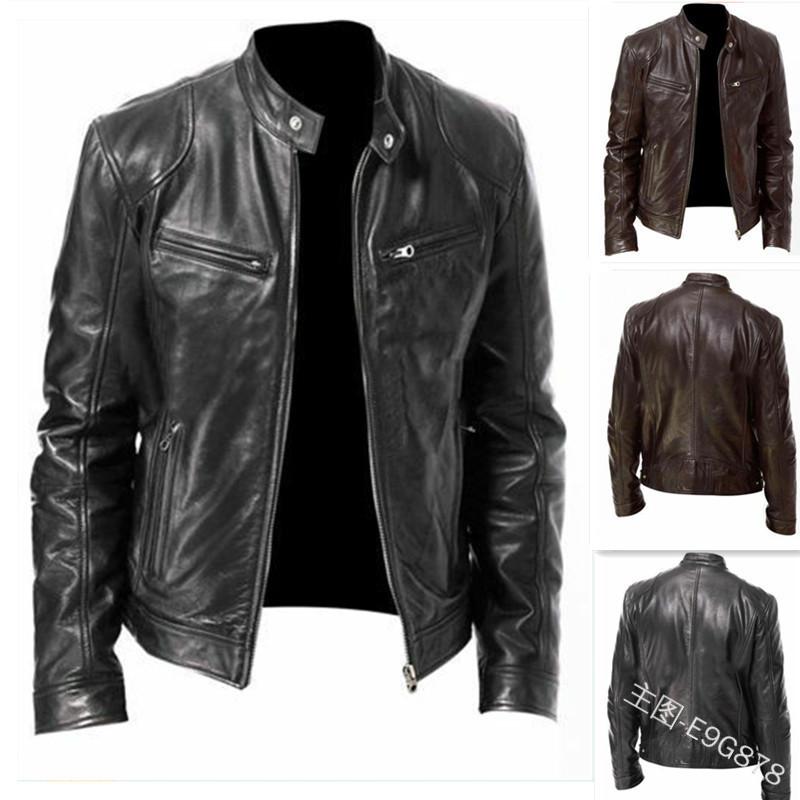 Herren Südliche Winter Multi-Pocket PU-Leder Motorradjacke mit Stehkragen und Knopf-Reißverschluss
