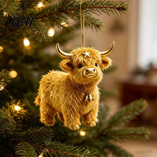 Cute Animal Pendant for Holiday Party Highland Yak Ornament Christmas Tree Hanging Decor, 2D Flat Acrylic Ornaments with Gold String Festive