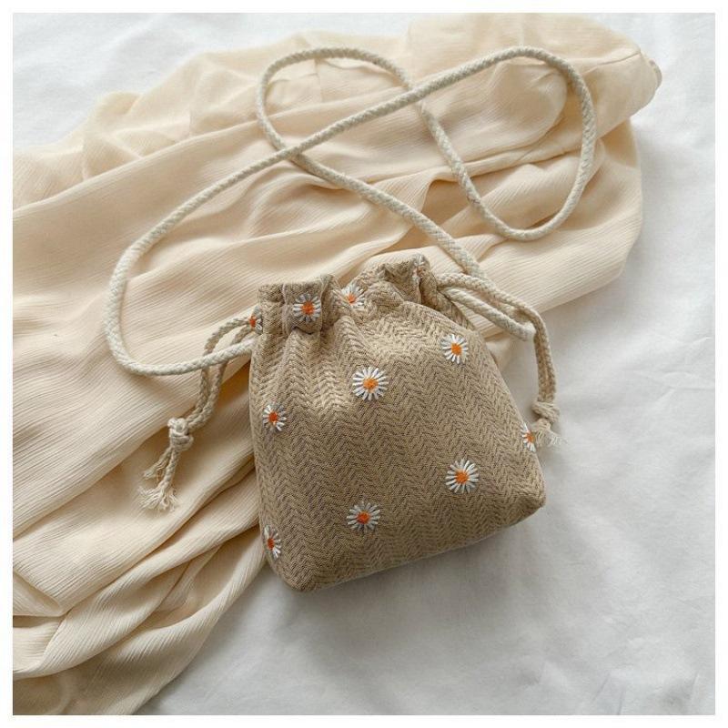 Woven Bag Women'S Trendy Fashion Lace Versatile Drawstring Bucket Bag One Shoulder Crossbody Straw Woven Bag