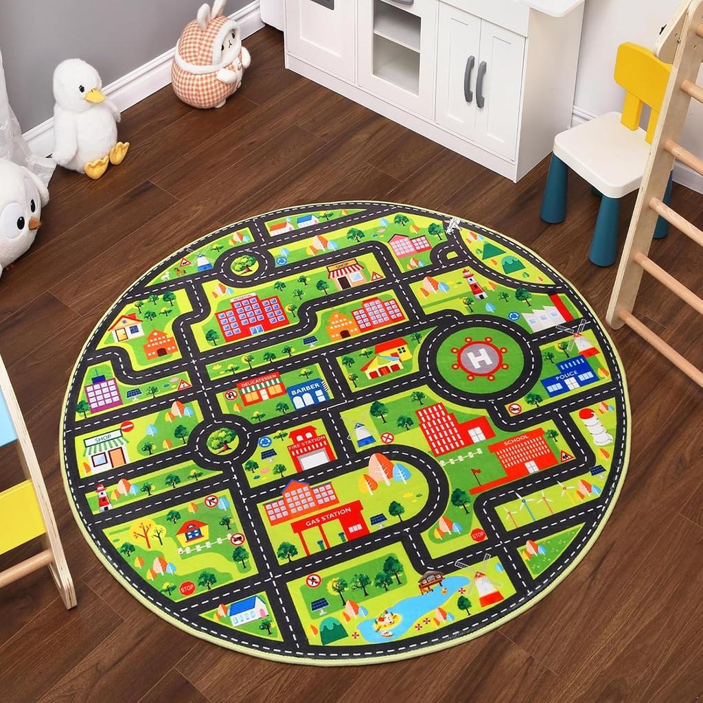Traffic Road Kids Play Round Rug Educational Theme Children's Crawling Floormat Absorbent Anti-Slip Soft Home Decor Carpet