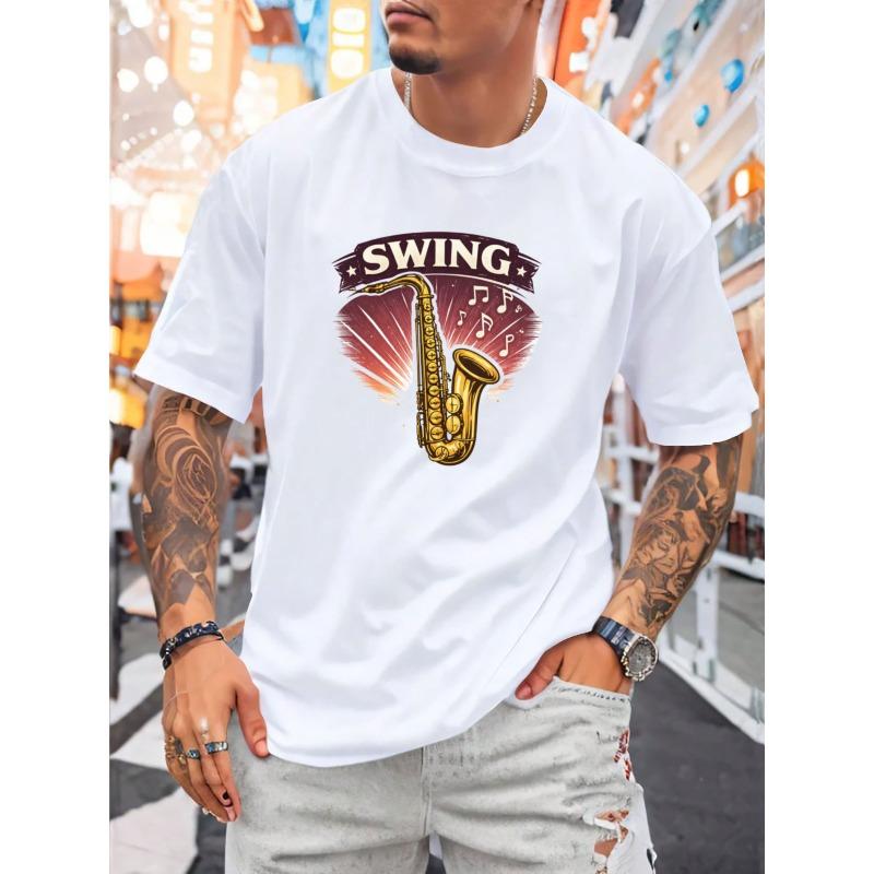 

European sizes Swing Retro Jazz Style Printed Men s T-Shirt, Summer Breathable Short-Sleeve, Regular-Fit Daily Casual Machine-Washable 4XL білий