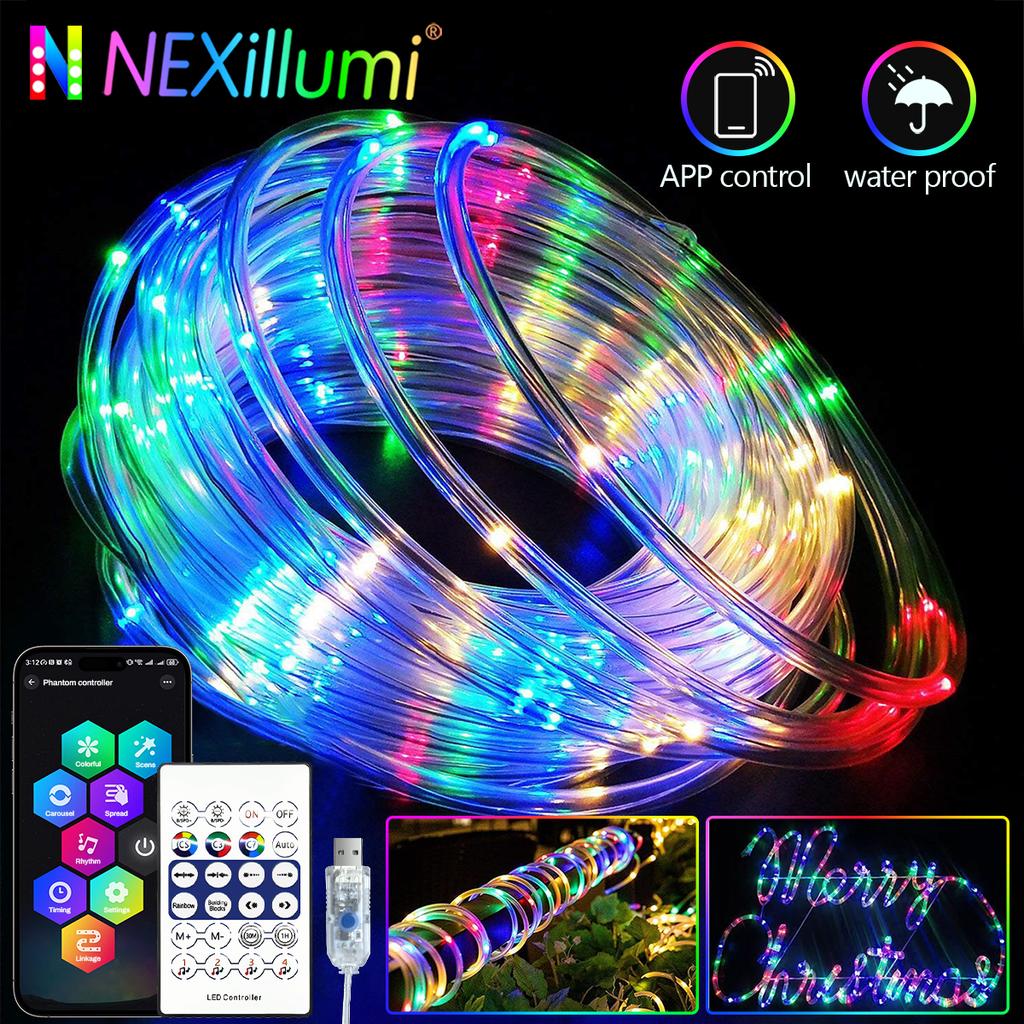 12M 100 LEDs Rope Lights Outdoor, Multi-color and 19 Colorful Modes with Remote, Waterproof USB Fairy Lamp for Christmas Party