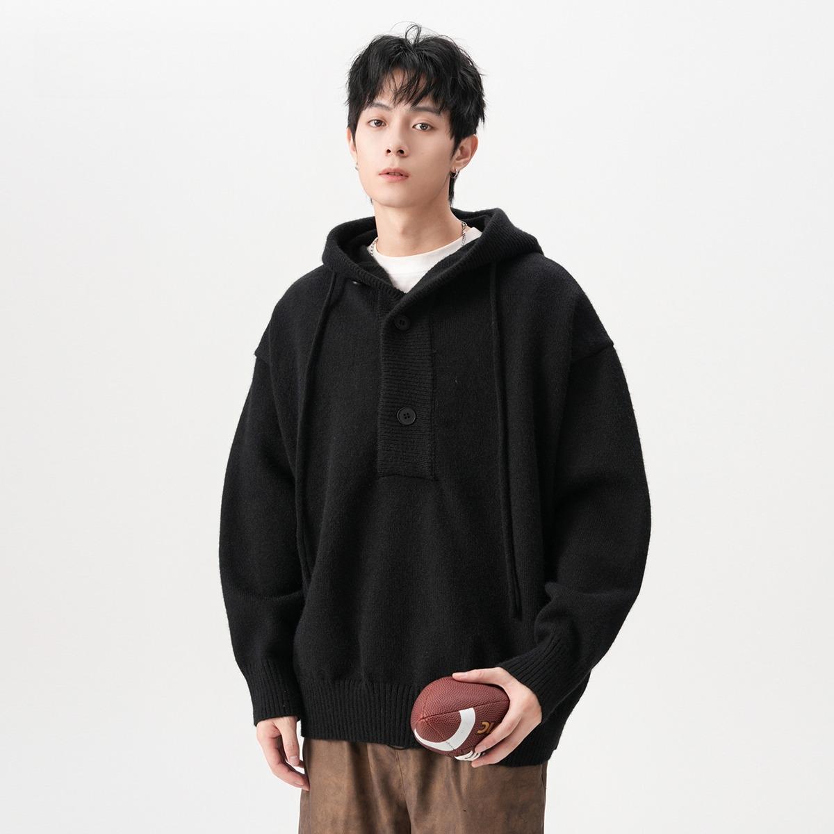 

Men s American Red Angora Hooded Cardigan - Autumn Trendy Brand, Lazy Style, Year of the Horse Zodiac Knitwear. Large чорний