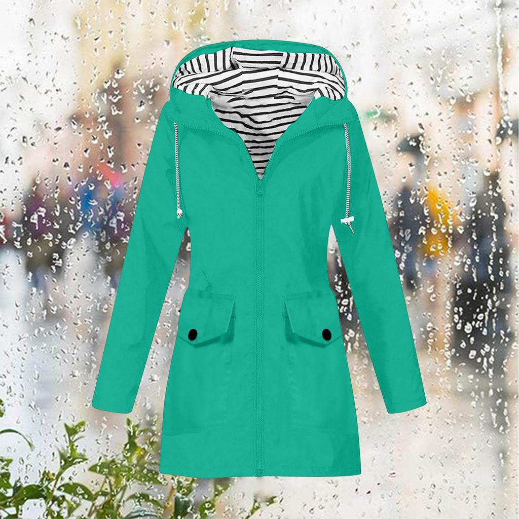 Women Solid Stripe Rain Jacket Outdoor Plus Waterproof Hooded Raincoat Windproof