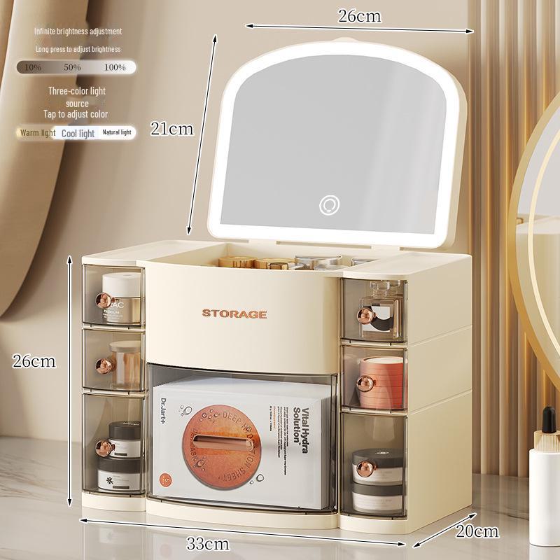 Beleuchtete 3-Farben Kosmetik-Aufbewahrungsbox mit Spiegel, Staubdichte Desktop-Schublade für Hautpflege