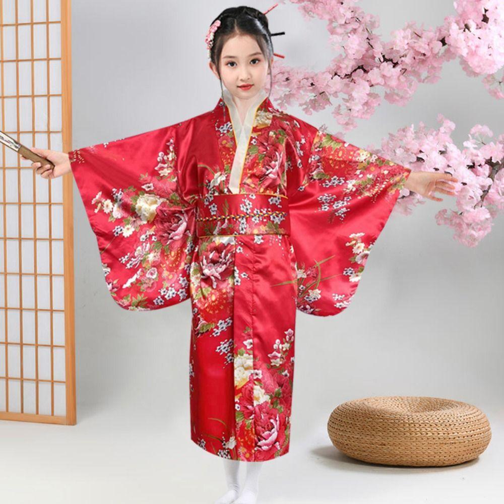 Printed Floral Kids Sakura Girl  Kimono Dress Kids Japanese Style Yukata Bathrobe  Fireworks