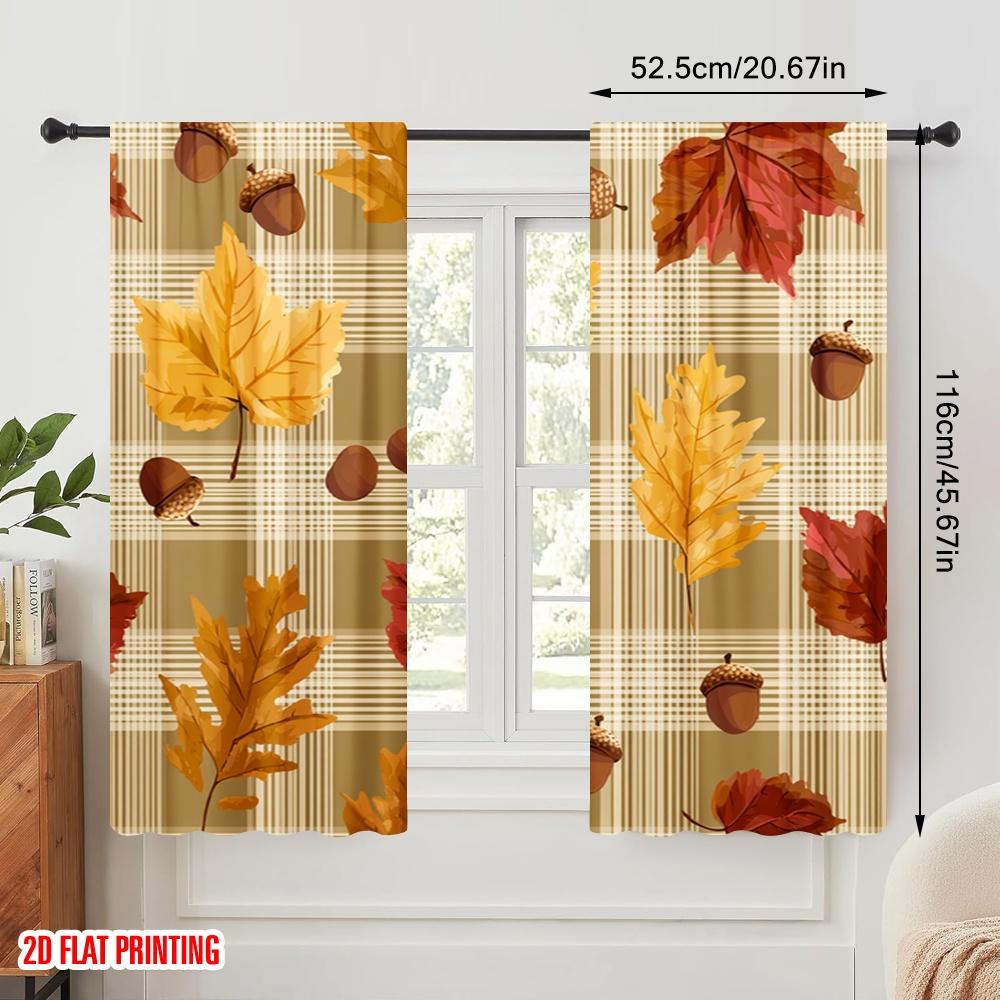2pcs  2D plane printing Curtain Popular Autumn Leaves Plaid Pattern 100% Polyester (without rod) Art Deco Festive Perfect for