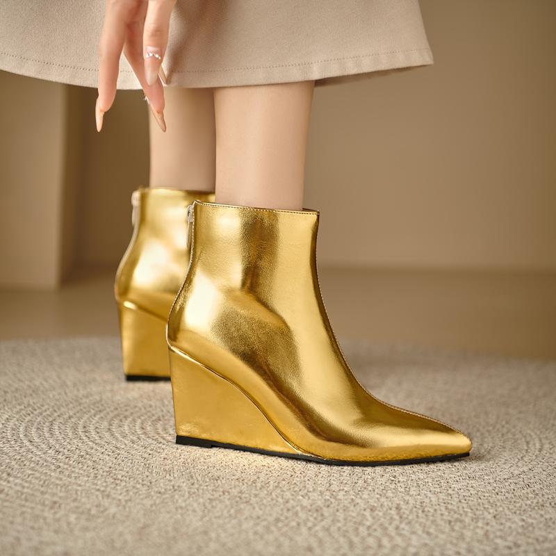 Women's Wedges Boots Gold Silver Pointed Toe Shoes 2024 Autumn Winter Ankle Boots Comfy French Concise Footwear