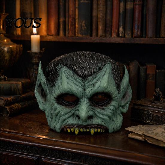 Scary Halloween Mask Green Vampire Mask, Half Face with Pointy Ears & Sharp Teeth, Retro Detailed Distressed Party Lightweight PU Foam for Costume