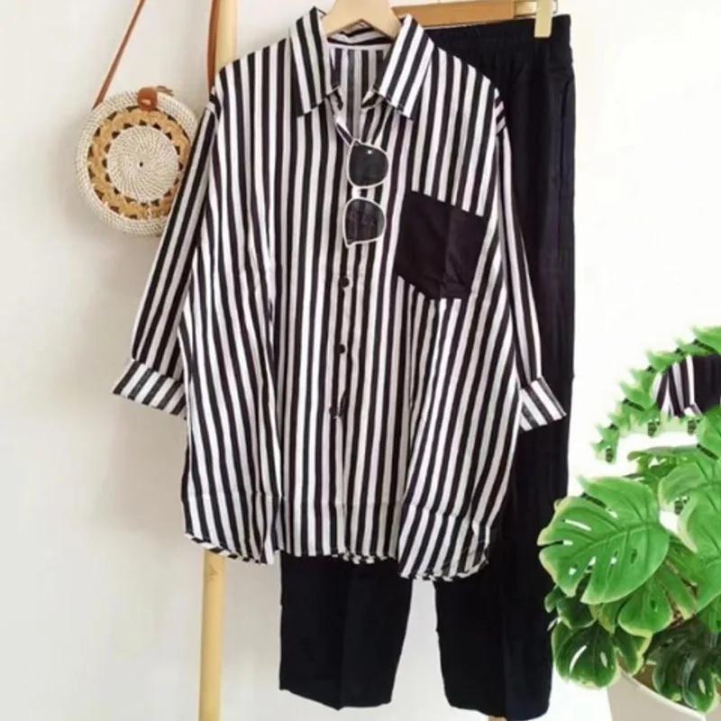 2Pcs/Set Women Outfit Shirt Pants Set Casual Elastic Waist Breathable Stripes Blouse Pants Suits Spring Summer Women Set