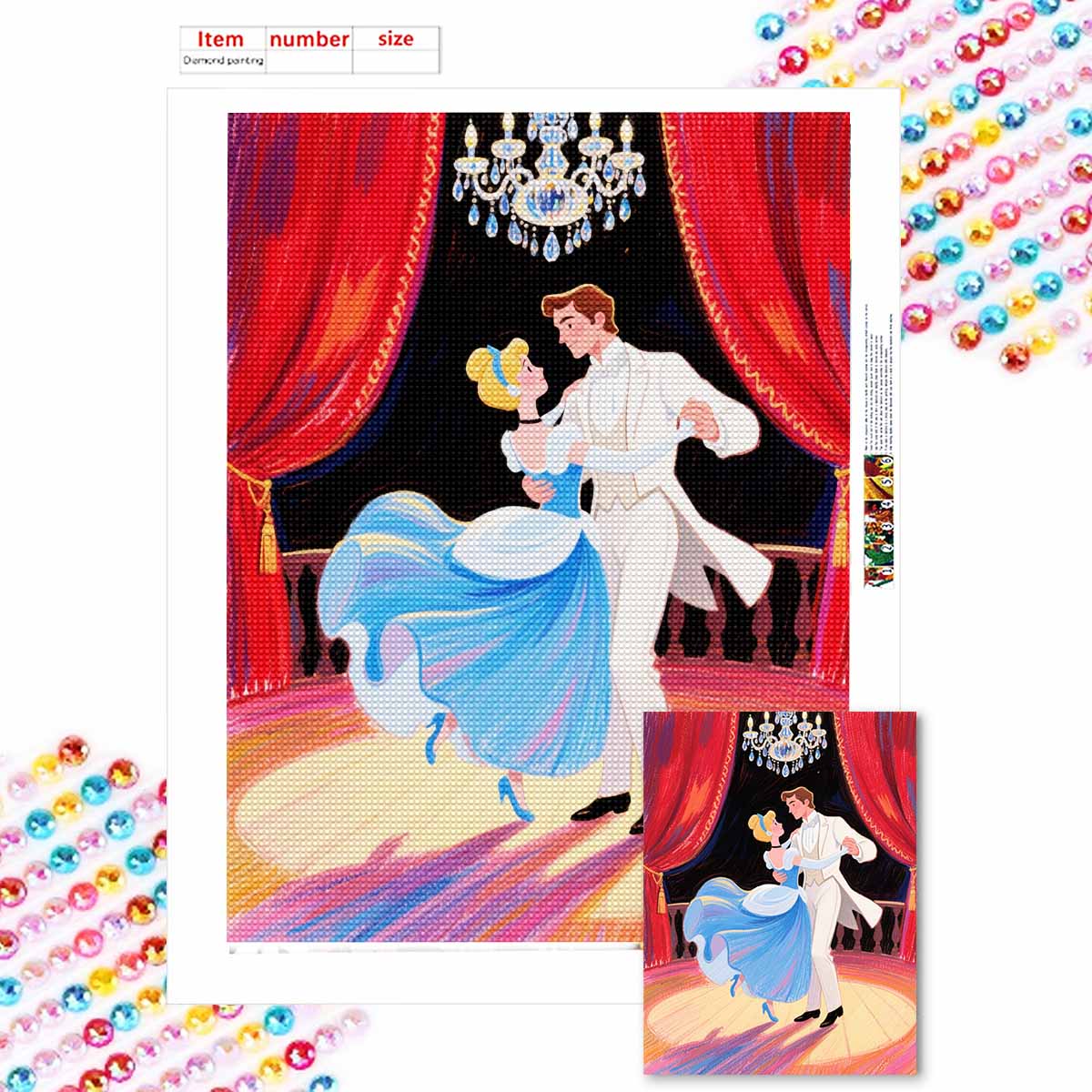 

Diamond Mosaic Colorful Diamond Painting Cinderella and The Prince Full Round Embroidery Cartoon Creative Hobbies Wall Decor Round 20x30cm
