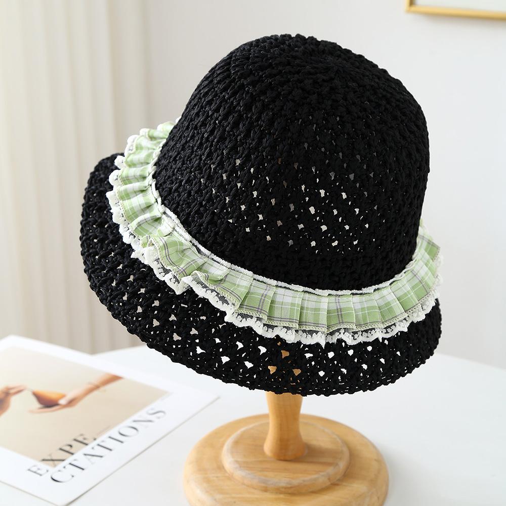 

Women Summer Crochet Straw Hat Hollow Out Larger Brim Fashion Bucket UV Protect Foldable Beach Sun Cap New Style чорний