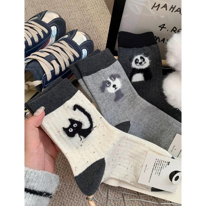 Kreslené tečkované ponožky pro ženy, ponožky do půlky na podzim a zimu, čistá bavlna, trendy rostlinný fleece, roztomilé froté ponožky na jaro a podzim