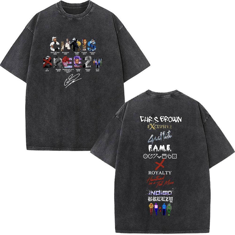 Rapper Chris Brown Breezy Bowl XX Tour 11:11 Vintage Washed T-Shirt Herren Damen Mode Hip Hop T-Shirts Baumwolle Oversized T-Shirts