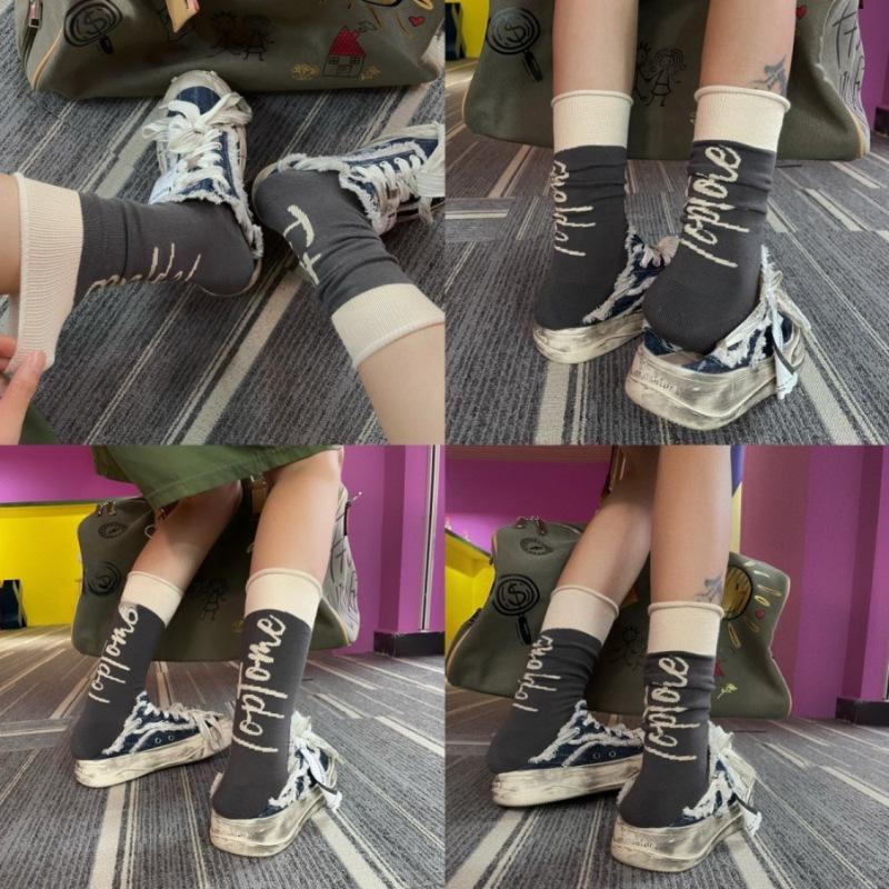 Socks Trendy Socks Niche Heel Color Block Letter High-End Towel Bottom Socks