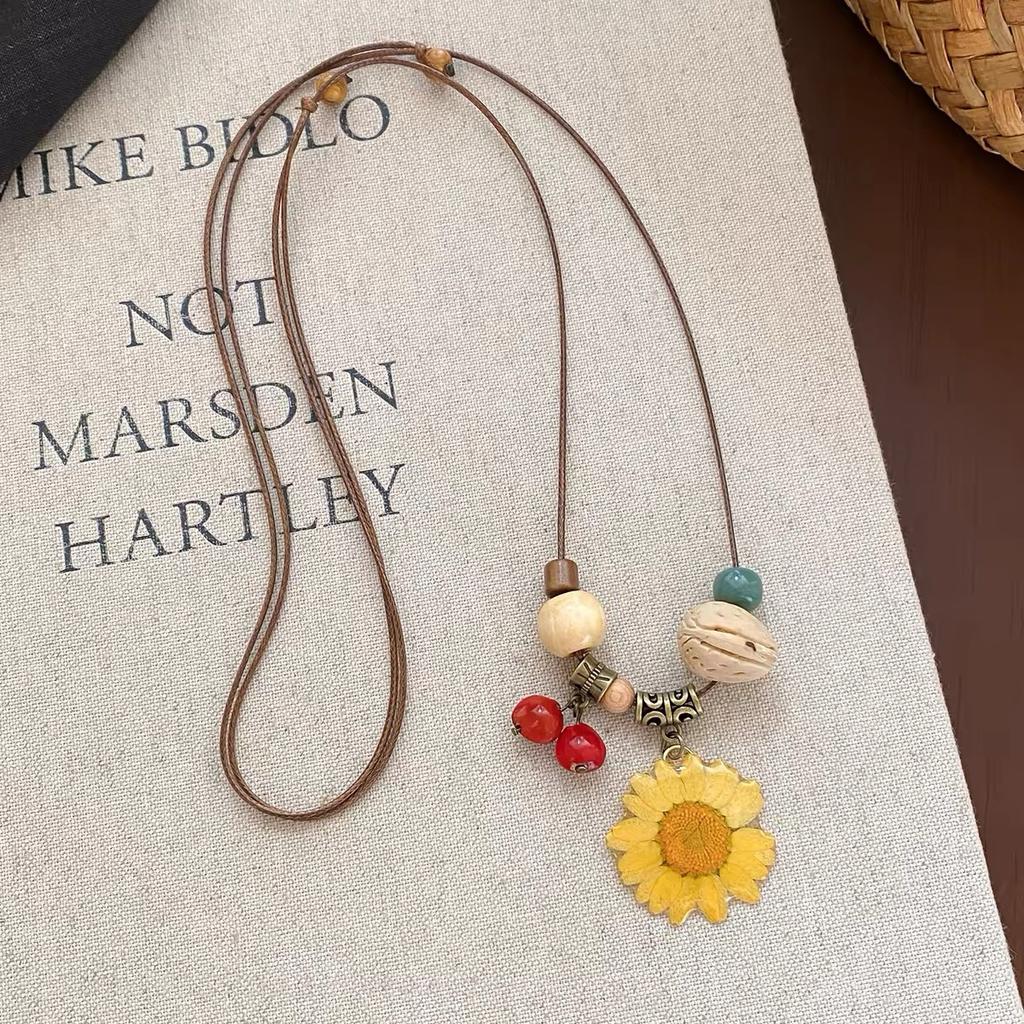 Ethnic Resin Gesang Flower Necklace, Boho Retro Vacation Long Sweater Chain