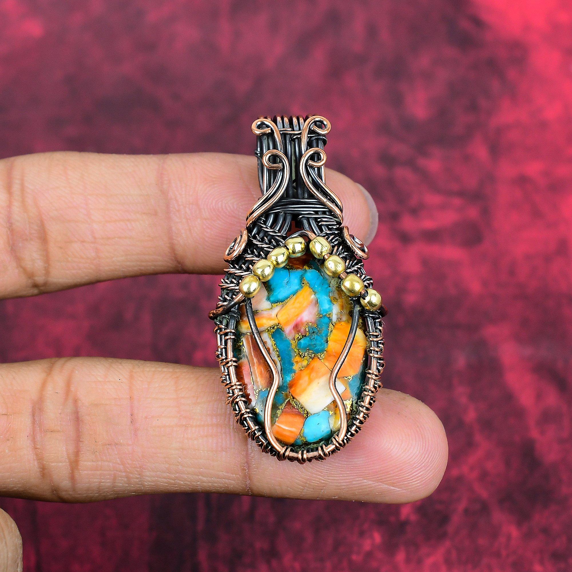 

Spiny oyster copper turquoise pendant copper wire wrapped Jewelry natural gemstone pendant copper jewelry gifts for mother handmade jewelry