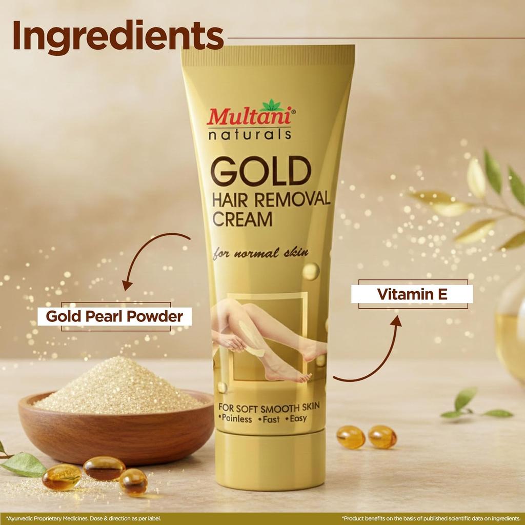 Multani Natural Gold Hair Removal Cream 60 ml Pack of 2 Radiance Formula Enriched With Gold Pearl Powder Vitamin E