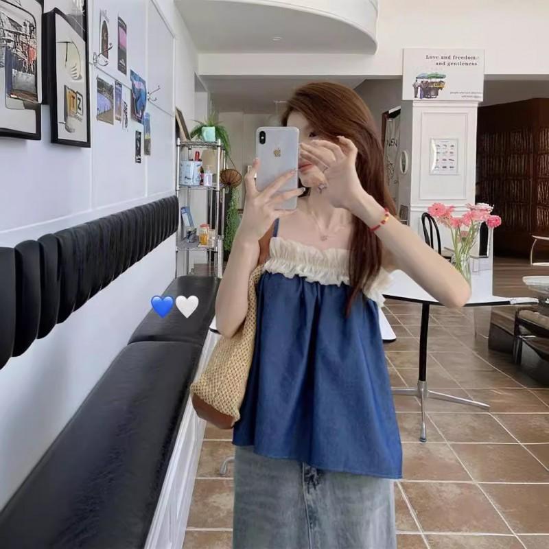 Design Sweet Hot Girl Ruffled Stitching Halter Vest Women's Vacation Off-the-shoulder Loose Sleeveless Top