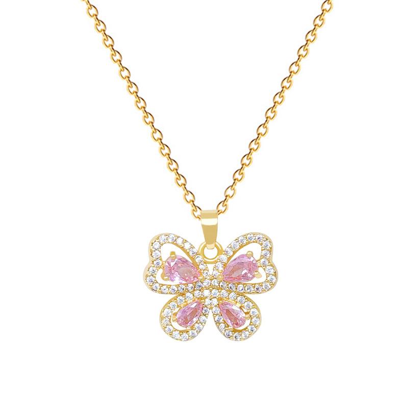Titanium Steel, Empty Pink Butterfly Light Luxury Temperament Gorgeous Full Diamond Necklace Women'S Versatile Collarbone Chain Titanium Steel Chain