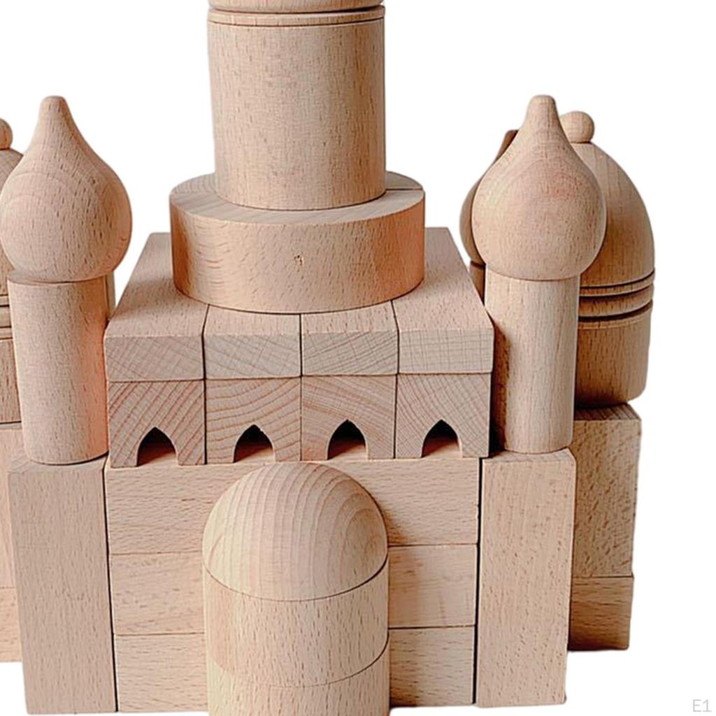 55 Pieces Wooden Castle Building Blocks Stacking Bricks Construction Toys for Toddler Kids