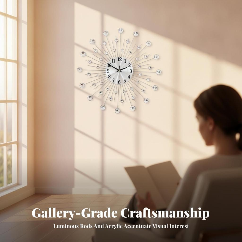 Modern Wall Clock | Brushed Silver Finish, with Gem Accents, for