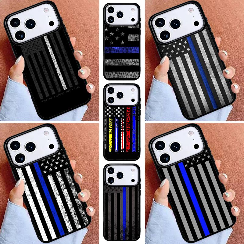 Police Thin Blue Line Flag Phone Case for iPhone 17ProMax 12 13 14 15 16e 17 Pro Max Plus Air Cover