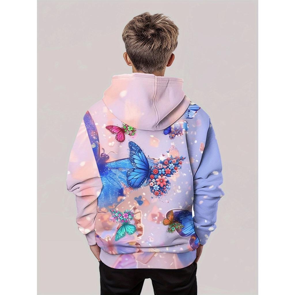 3D Digital Printing Dream Pink Purple Tone, Flower Wings Butterfly Pattern Hoodie Fashion Trend Casual Children's Clothing